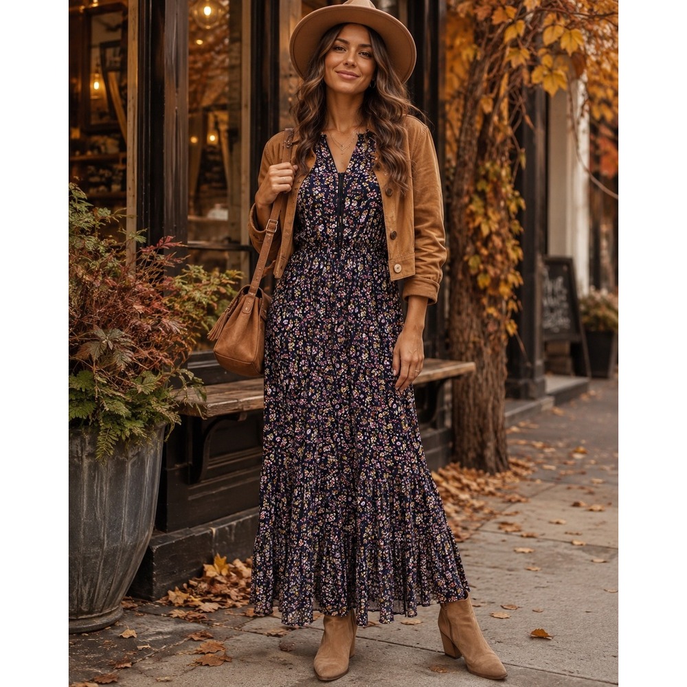 Natural Life Floral Maxi Dress Women Small Boho Cottagecore Prairie Fall Rayon